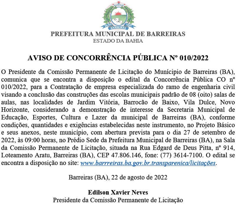 PREFEITURA MUNICIPAL DE BARREIRAS BA AVISO DE CONCORRÊNCIA PÚBLICA