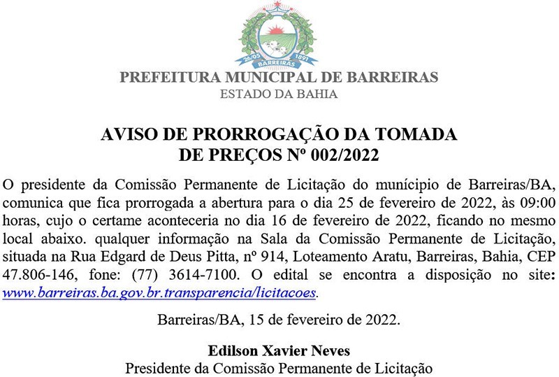 Prefeitura Municipal De Barreiras Ba Aviso De ProrrogaÇÃo Da Tomada De PreÇos Nº 0022022 5779